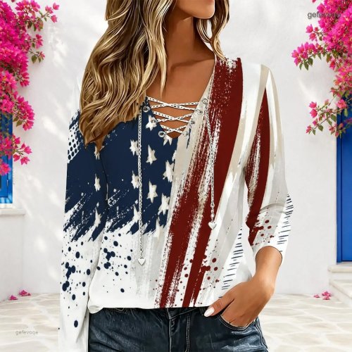 Women's American Flag Print Long Sleeve Lace-Up V-Neck Top