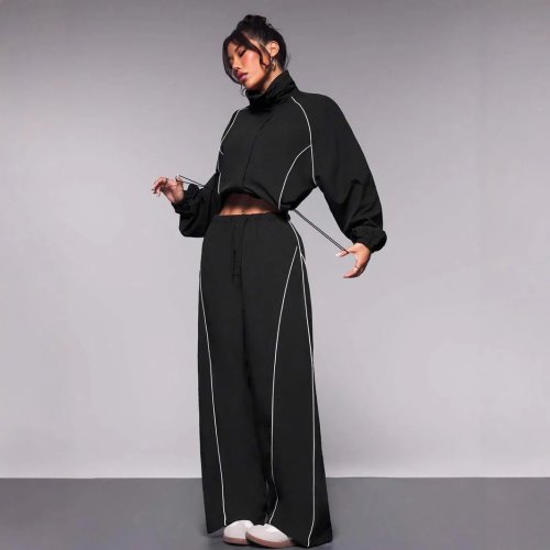 Conjunto Deportivo Mujer Casual 2 Piezas Chaqueta y Pantalón Color Contrastante Cordón