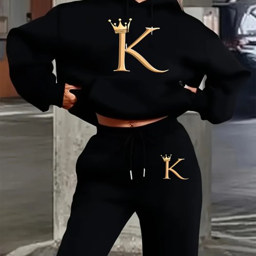 Tuta in pile da donna 2 pezzi, felpa con cappuccio e pantaloni con stampa corona dorata lettera K, completo sportivo casual autunno inverno