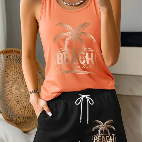 Dames Zomer Hawaïaanse Stijl Mouwloze Tanktop Set, Ronde Hals Kokospalm Letterprint, Casual Tweedelig Pyjama Set