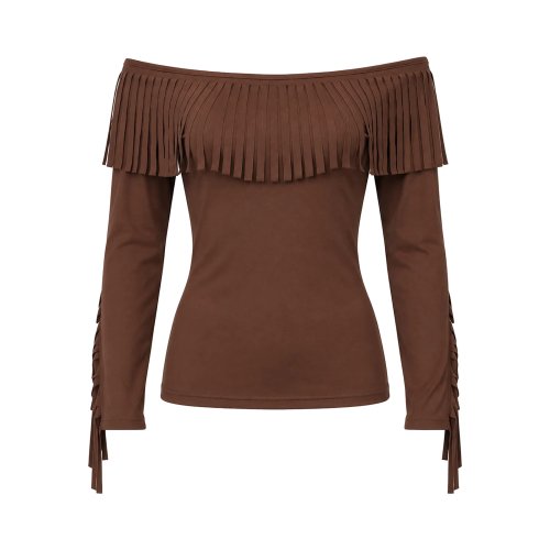 Damen Off-Shoulder-Bluse mit Fransen, Langarm, Stretch-T-Shirt, Western-Cowgirl-Top für Club & Party