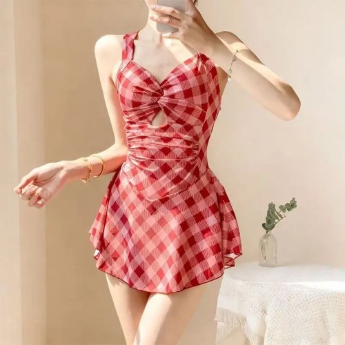 Costume da bagno intero donna elegante fantasia scozzese, schiena scoperta, vestito da bagno per estate mare e terme