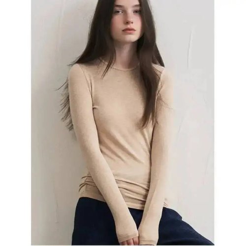 Women's Cashmere Blend Long Sleeve Top Autumn Winter Soft Modal Stretch Slim Fit Round Neck Basic Layering Knit T-Shirt