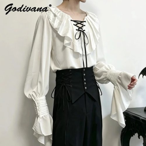 Conjunto Gothic Lolita Ouji: blusa medieval de manga larga y pantalón de cintura alta, estilo príncipe vintage