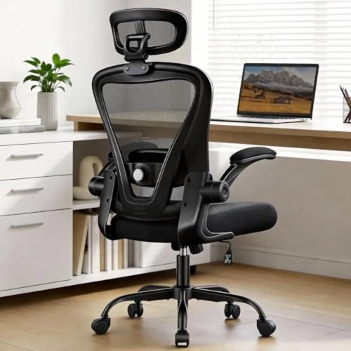 Ergonomischer Bürostuhl mit 3D-Kopfstütze, atmungsaktivem Mesh-Rücken und gepolsterter Sitzfläche, schwarzer Schreibtischstuhl fürs Homeoffice