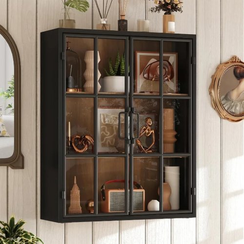 Handmade Bathroom Wall Cabinet with Glass Doors, No Assembly Required