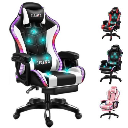 Silla gamer racing ergonómica de piel PU con LED, cojín de masaje y bocinas surround para gaming en PC y oficina