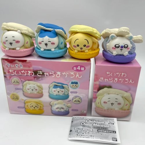 Set de 4 figuras gacha Chiikawa de postre macaron – Usagi, Hachiware y Momonga, mini figuras de escritorio, regalo de cumpleaños para fans