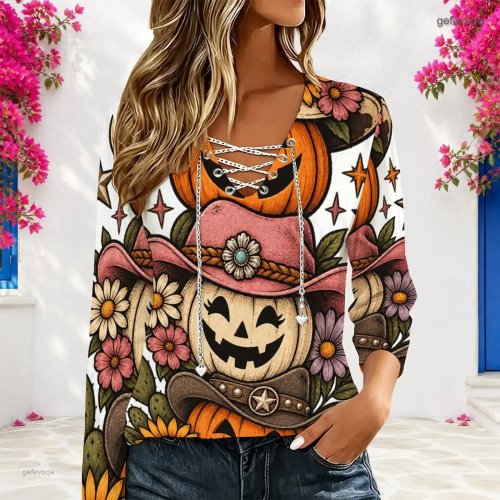 Blusa de Mujer Cuello V Manga Larga con Cadena Metálica, Cruzado, Cordones, Cutout, Casual Holgada, Estampado Personalizado, Estilo Western
