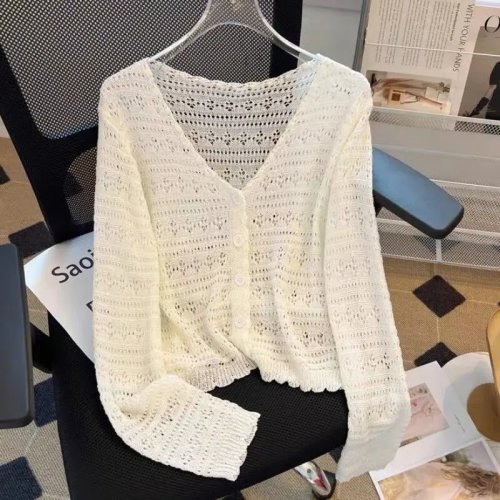 Cárdigan de punto para mujer 2025 primavera verano nuevo cuello V suelto fino calado protector solar chal manga larga abrigo