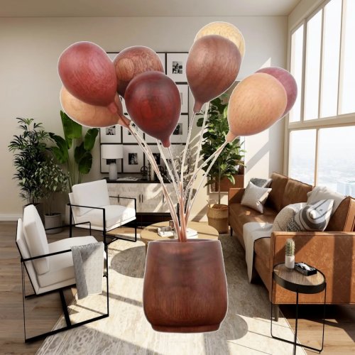 Tischdeko mit luftgefülltem Ballonstrauß und Ornament aus Metall & Holz