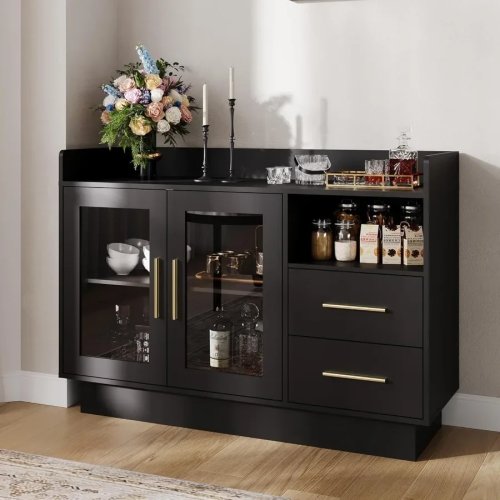 2-stufiger LED-Weinbarschrank – Hartglas & MDF, Schwarz, Soft-Close-Schubladen, verstellbare Einlegeböden für Küche, Esszimmer, Büro, Spielzimmer