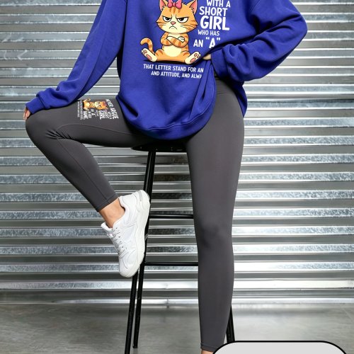 Women's Funny Cat Pink Bow Print Sweatshirt and Leggings Set - O-Neck Y2K Pullover, Fleece Warm Autumn Pants