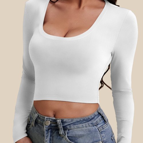 Women's Ribbed Knit Cropped Long Sleeve Tee U Neck Slim Fit Stretch Top