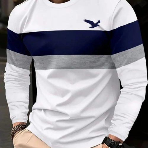 Camiseta de Manga Larga para Hombre Otoño Nueva Estampado Creativo Rayas Patchwork Cuello Redondo Suave Casual Urbana