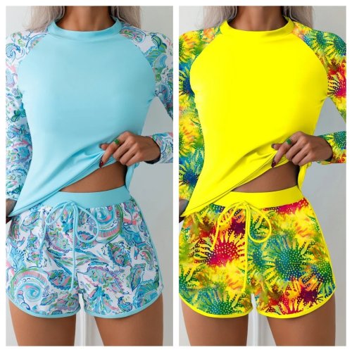 Damen Tankini mit Shorts, Langarm Crop Top, High Waist, gemusterte Shorts, bedeckender Badeanzug, Zweiteiler Badeanzug, Pastellblau