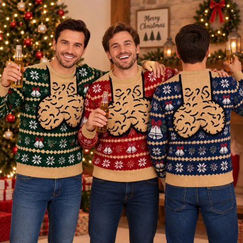 Camicia di Natale Brutta per Uomo Divertente Peli sul Petto Bretelle Maniche Lunghe Girocollo Fiocco di Neve Campana Festa Xmas Regali