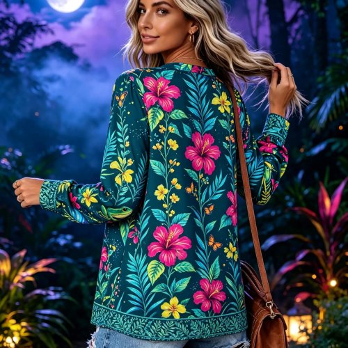 Playera Mujer Manga Larga Cuello Redondo Estampado Tropical Hibisco Flores Hojas Oversize Bohemia Casual