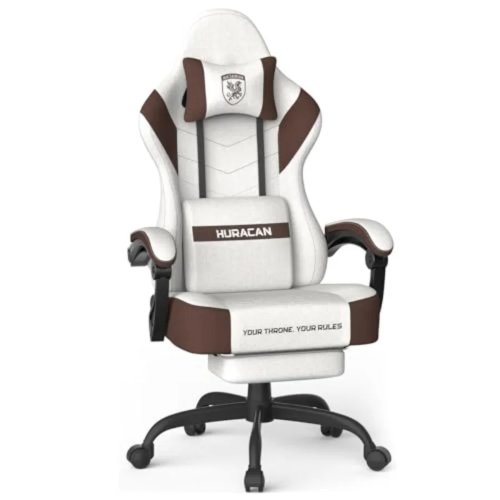 Adult Gaming Chair - Brown Cotton Fabric, Wide Seat Cushion with Shield Embroidery, Ergonomic High Back & Footrest