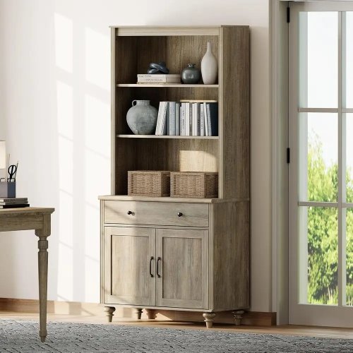 Boekenkast met 5 niveaus, 183 cm hoog, met deuren, grote landelijke boekenkast met opbergkast, houten boekenkast voor de woonkamer