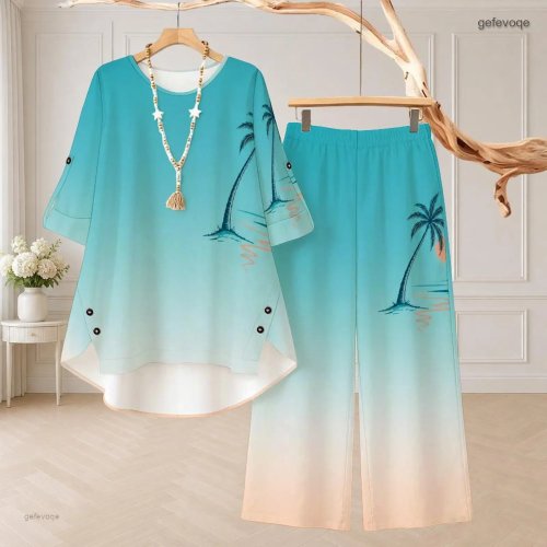 Conjunto de dos piezas para dama con estampado de palmera, cuello redondo, manga 3/4 y pantalón ancho