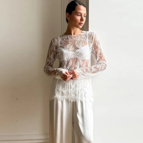 Blusa de Mujer Elegante Encaje Transparente Manga Larga Adelgazante Versátil