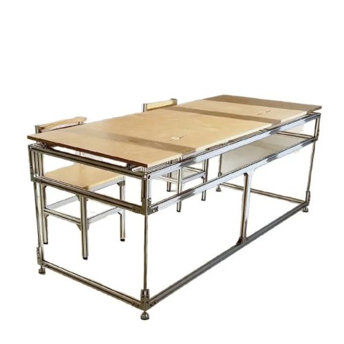 Industrieller Schreibtisch aus Aluminiumprofil und Marineholz, einfacher Arbeitsplatz für Zuhause