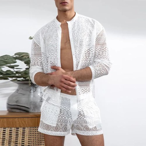 Ensemble Mode Homme : Chemise à Manches Longues et Short Casual, Tenue Quotidienne d'Été, Survêtement Sportif Décontracté