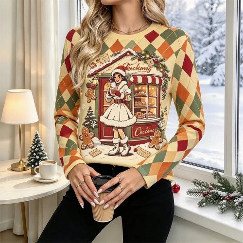 여성 크리스마스 긴팔 티셔츠 레트로 Xmas 캐릭터 프린트 부드럽고 편안한 가을 겨울 상의