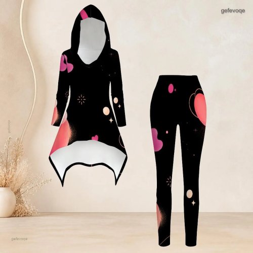 Damen Freizeit 2-teiliges Set - Kapuzenpullover Langarm asymmetrisches Tunika-Top & High-Waist Slim Leggings