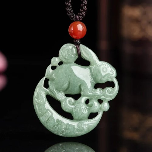 Kalung Liontin Kelinci Giok Burma Asli Hijau Jadeite untuk Pria, Jimat Amulet Hadiah