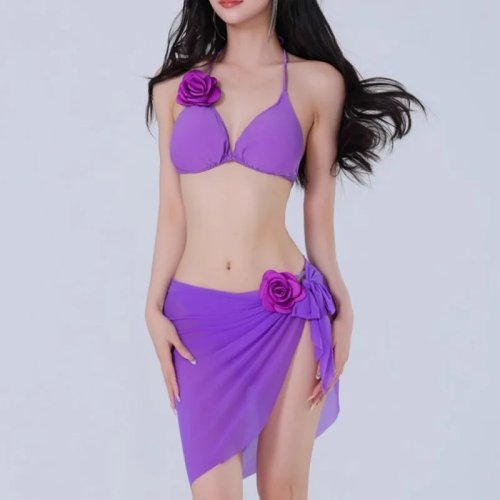 Bộ đồ bơi nữ 3 món phong cách Thái hoa vàng 2026, bikini sexy cạp cao, trang phục đi biển resort sang trọng