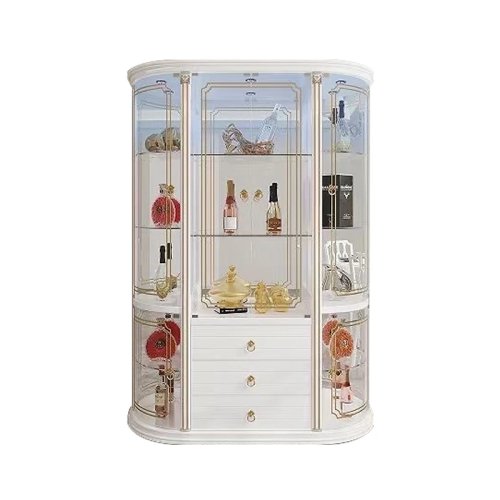 Lemari Kaca Display Putih Modern untuk Ruang Tamu – Sideboard Rak Anggur Kayu Sudut Mewah