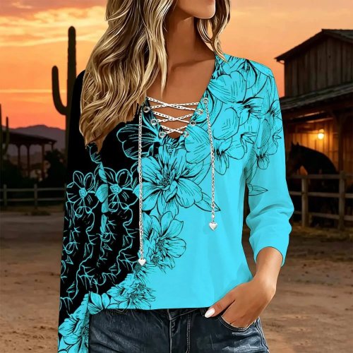 Women's V-Neck Long Sleeve Lace-Up Cutout Blouse with Metal Chain - Casual Loose Fit Custom Print Western Tee