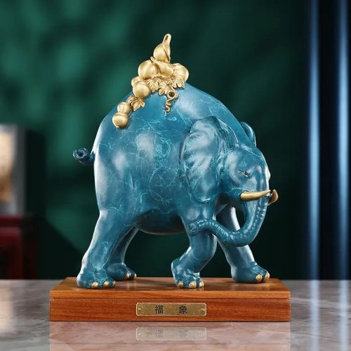Adorno de elefante de la suerte con calabaza de latón – Figura decorativa feng shui para sala y mueble de TV, regalo