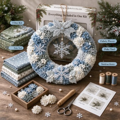 Kit DIY Karangan Bunga Natal Fabric Poke – Ornamen Snowman, Rusa, Santa & Pohon Natal