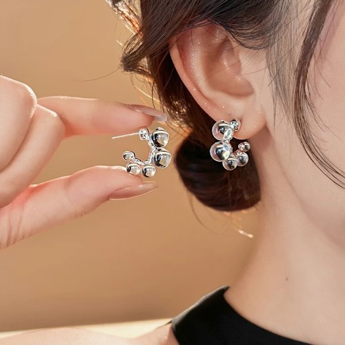 Korean-Style Silver-Plated C-Shape Glass Bead Earrings for Women – Modern Daily Work Jewelry
