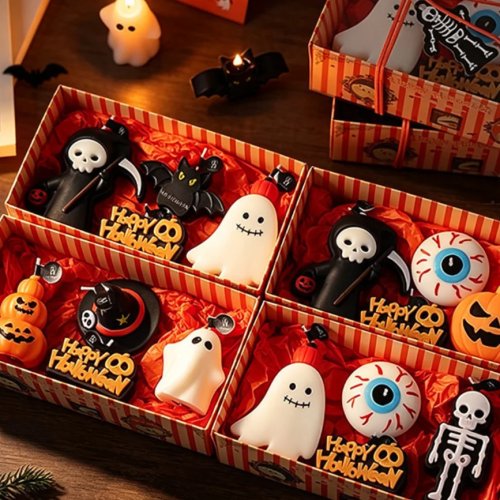 Halloween Figurine Candle Gift Box, Grim Reaper Ghost Pumpkin Eyeball Skeleton Bat Shaped Scented Candle for Party Home Decor