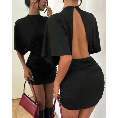 Women's Summer Slim Fit Sexy Backless Dress with Stand Collar and Short Sleeves