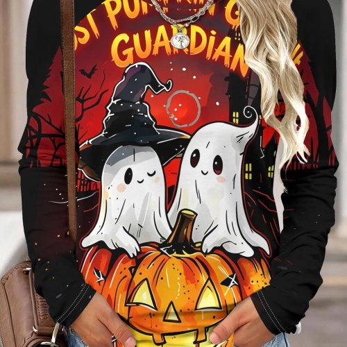 Maglia a maniche lunghe donna Halloween stampa fantasma zucca cappello da strega girocollo raglan casual autunno