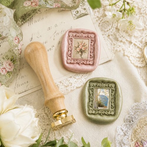 Selo de cera com moldura, relevo 3D, cabeça de latão e cabo de madeira para kit de selo, cartões de agradecimento, envelopes