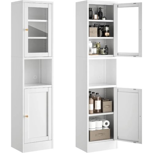 Armário alto de casa de banho para espaços pequenos, armário metálico branco estreito com prateleira aberta e porta de vidro, independente