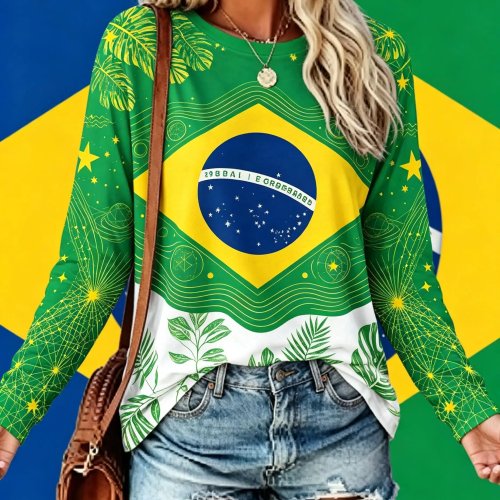 Kaos Lengan Panjang Wanita Motif Bendera Brasil Daun Palem Tropis dan Bintang Leher Bulat Kasual Atasan Musim Panas