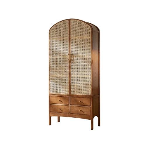 Tủ Gỗ Tự Nhiên Phong Cách Retro Mây Tre, Kệ Sách Phong Cách Wabi-Sabi, Tủ Cao Cho Nhà và Khách Sạn
