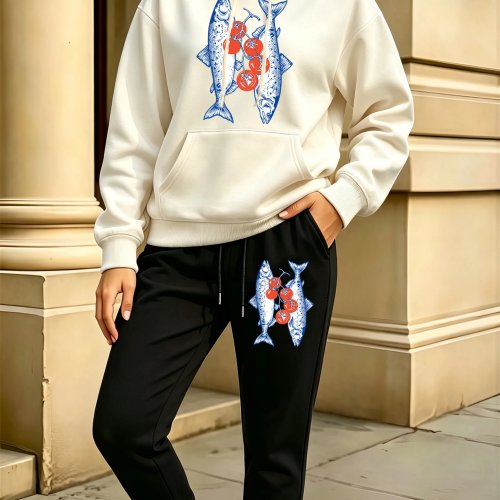Women's Y2K Hoodie Set with Funny Tomato Fish Print - Fleece Loose Sweatpants Tracksuit, Black