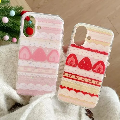 Schokbeständige Silikon-Handyhülle mit Erdbeer-Sahnetorte und Spitzen-Schleife für iPhone 17 Air 16 Pro Max 15 14 Plus 13 12 11 Pro