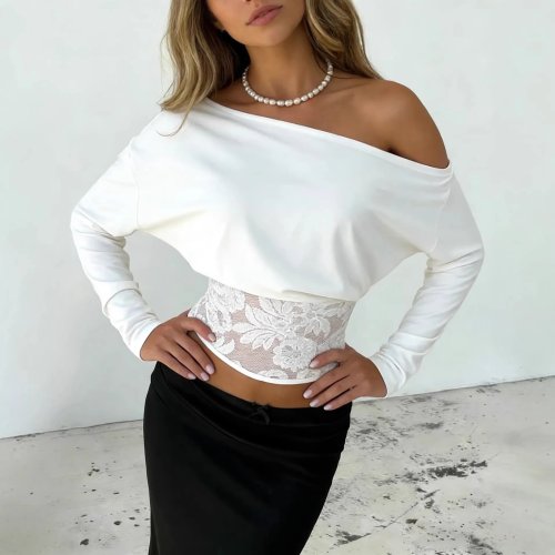 Blusa de Mujer Hombros Descubiertos Manga Larga Encaje Floral Slim Crop Elegante Fiesta Casual Y2K