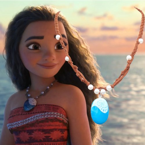 新作ブルーペンダントネックレス、モアナ風ポリネシアの海のプリンセス、ロープチェーンネックレス、女の子向けファッション・ビーチパーティージュエリー