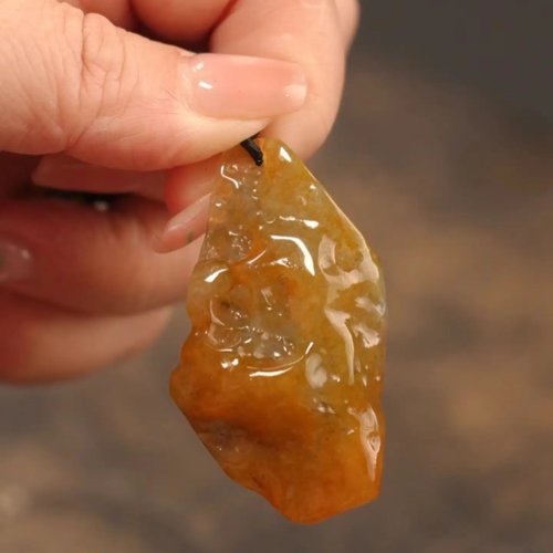 Natural Old-Mine Jadeite Ice Yellow Jade Pendant, Moist Texture Freeform Sculpt, Pure Jade & Pure Gold