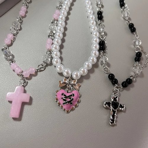 Collana di Perle Croce Stella Unisex Uomo Donna Hip Hop Imitazione Perla Ciondolo Stella Y2K Punk Nappa